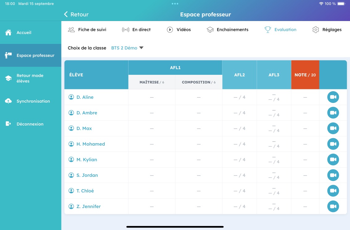Espace professeur : évaluation CCF, AFL et note /20